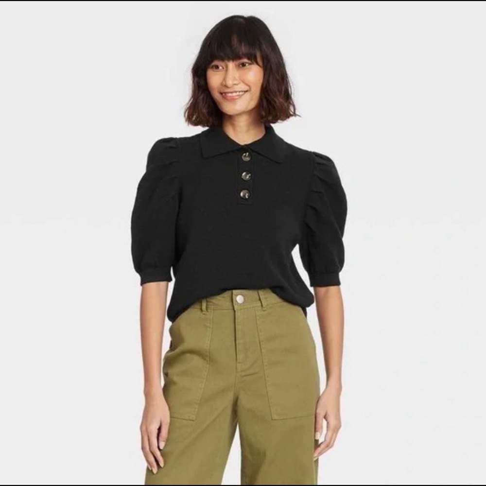 who what wear puff sleeve knit polo